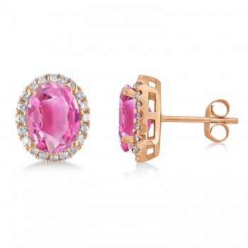 Oval Pink Tourmaline & Halo Diamond Stud Earrings 14k Rose Gold 5.00ct