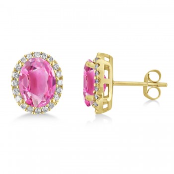 Oval Pink Tourmaline & Halo Diamond Stud Earrings 14k Yellow Gold 5.00ct