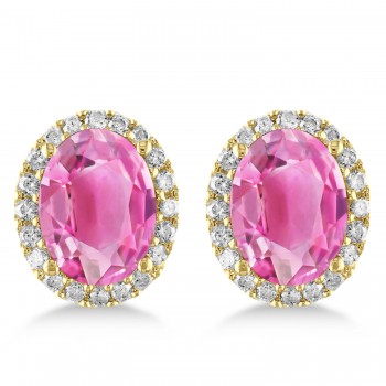 Oval Pink Tourmaline & Halo Diamond Stud Earrings 14k Yellow Gold 5.00ct