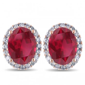 Oval Ruby & Halo Diamond Stud Earrings 14k Rose Gold 4.80ct