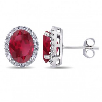 Oval Ruby & Halo Diamond Stud Earrings 14k White Gold 4.80ct