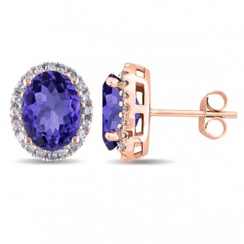 Oval Tanzanite & Halo Diamond Stud Earrings 14k Rose Gold 4.80ct