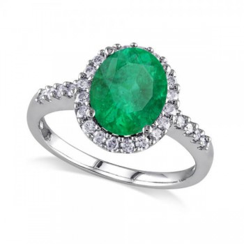 Oval Emerald & Halo Diamond Engagement Ring 14k White Gold 3.02ct