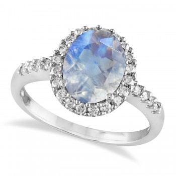 Oval Moonstone & Halo Diamond Engagement Ring 14k White Gold (1.42ct)