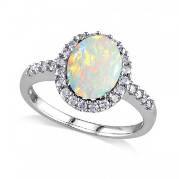 Oval Opal & Halo Diamond Engagement Ring 14k White Gold 2.07ct