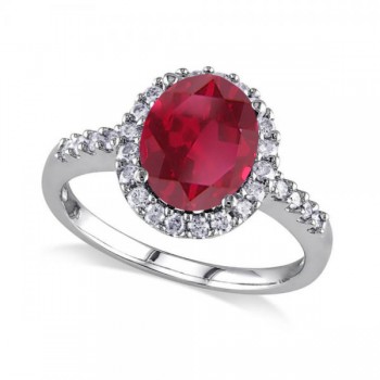 Oval Ruby & Halo Diamond Engagement Ring 14k White Gold 3.57ct