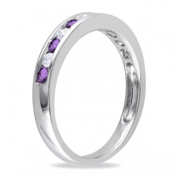 Channel Set Round Amethyst & Diamond Wedding Band 14k White Gold (0.50ct)