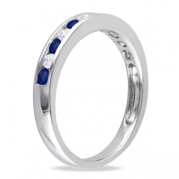 Channel Set Round Blue Sapphire & Diamond Wedding Band 14k White Gold (0.62ct)