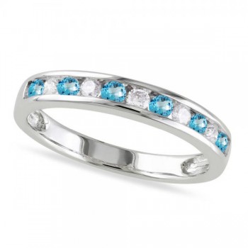 Channel Set Round Blue Topaz & Diamond Wedding Band 14k White Gold (0.50ct)