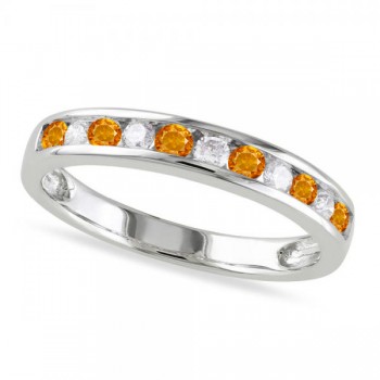 Channel Set Round Citrine & Diamond Wedding Band 14k White Gold (0.50ct)