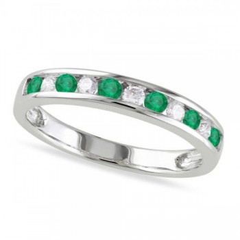 Channel Set Round Emerald & Diamond Wedding Band 14k White Gold (0.56ct)