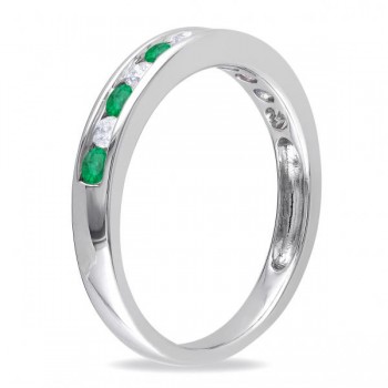 Channel Set Round Emerald & Diamond Wedding Band 14k White Gold (0.56ct)