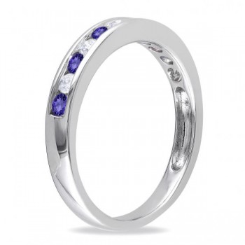 Channel Set Round Tanzanite & Diamond Wedding Band 14k White Gold (0.62ct)