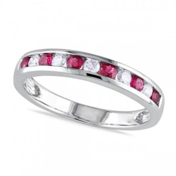 Channel Set Round Ruby & Diamond Wedding Band 14k White Gold (0.62ct)