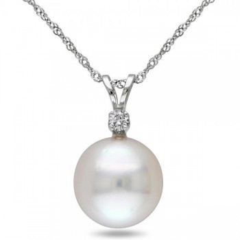 Solitaire South Sea Pearl Pendant Necklace w/ diamond 14k W. Gold 10mm