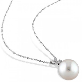 Solitaire South Sea Pearl Pendant Necklace w/ diamond 14k W. Gold 10mm
