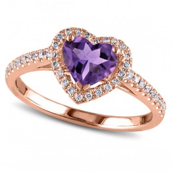 Heart Shaped Amethyst & Diamond Halo Engagement Ring 14k Rose Gold 1.50ct