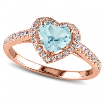 Heart Shaped Aquamarine & Diamond Halo Engagement Ring 14k Rose Gold 1.50ct