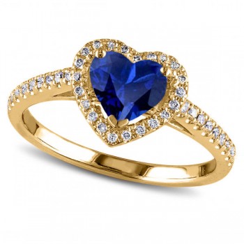 Heart Shaped Blue Sapphire & Diamond Halo Engagement Ring 14k Yellow Gold 1.50ct