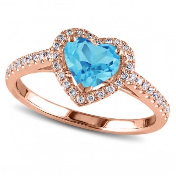 Heart Shaped Blue Topaz & Diamond Halo Engagement Ring 14k Rose Gold 1.50ct