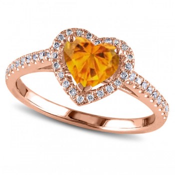 Heart Shaped Citrine & Diamond Halo Engagement Ring 14k Rose Gold 1.50ct