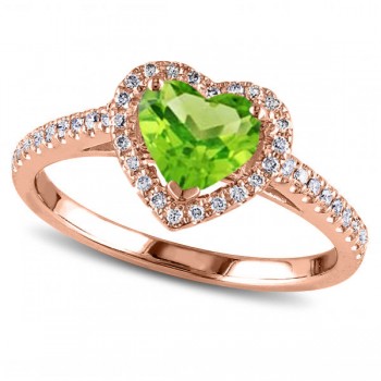 Heart Shaped Peridot & Diamond Halo Engagement Ring 14k Rose Gold 1.50ct