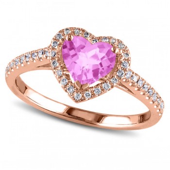 Heart Shaped Pink Sapphire & Diamond Halo Engagement Ring 14k Rose Gold 1.50ct