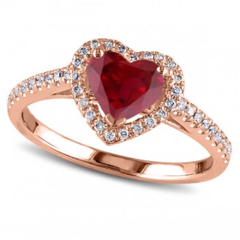 Heart Shaped Ruby & Diamond Halo Engagement Ring 14k Rose Gold 1.50ct