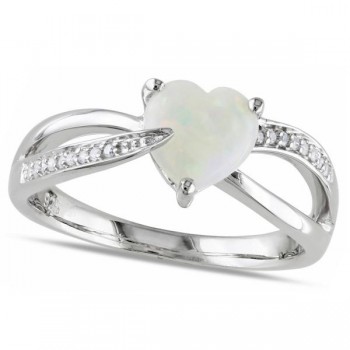Heart Shaped White Opal Solitaire & Diamond Ring in Silver (0.99ct)