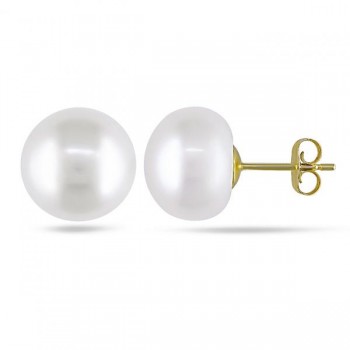 Cultured Freshwater White Pearl Stud Earrings 14k Yellow Gold 10-11mm