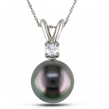 Black Tahitian Pearl & Diamond Pendant Necklace 14k White Gold 8-9mm