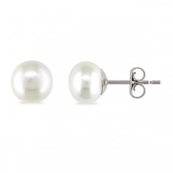 Cultured Freshwater Button Pearl Stud Earrings 14k White Gold 6-7mm