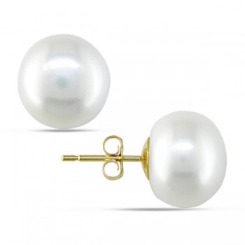 Cultured Freshwater White Pearl Stud Earrings 14k Yellow Gold 11-12mm