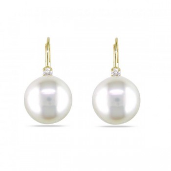 Freshwater Pearl & Diamond Leverback Earrings 14k Y. Gold 9-9.5mm