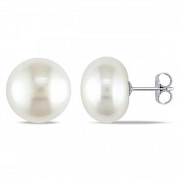 Cultured Freshwater Button Pearl Stud Earrings 14k White Gold 13-14mm