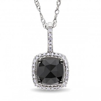 Black & White Diamond Square Halo Pendant Necklace 14k White Gold 1ct