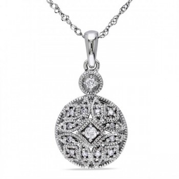 Vintage, Pave Set Diamond Pendant Necklace in 14k White Gold 0.12ct