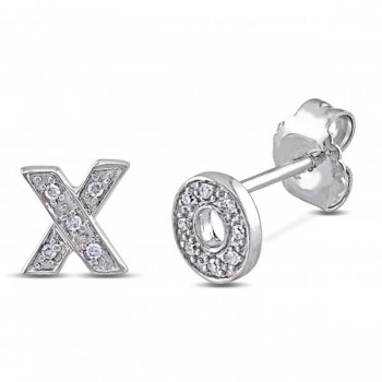 Diamond Pave Set XO Stud Earrings in Polished Sterling Silver 0.05ct
