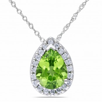 Diamond & Pear Peridot Halo Pendant Necklace 14k White Gold (1.83ct)