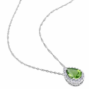 Diamond & Pear Peridot Halo Pendant Necklace 14k White Gold (1.83ct)