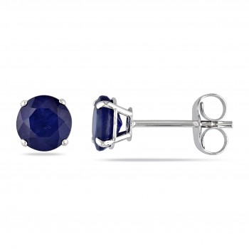 Round Blue Sapphire Ear Pin Stud Earrings 14k White Gold (1.20ct)