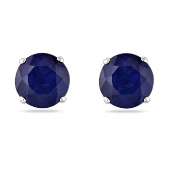 Round Blue Sapphire Ear Pin Stud Earrings 14k White Gold (1.20ct)