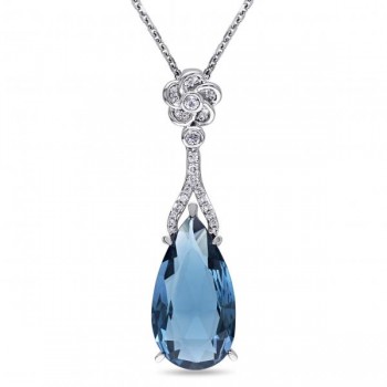 Diamond & Blue Topaz Flower Dangling Pendant 14k White Gold (7.56ct)