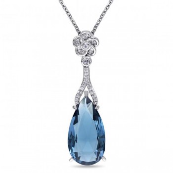 Diamond & Blue Topaz Flower Dangling Pendant 14k White Gold (7.56ct)