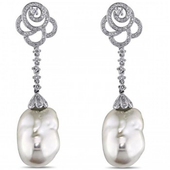 White Freshwater Pearl Flower Drop Earring 14k W Gold 13-13.5mm 1.00ct