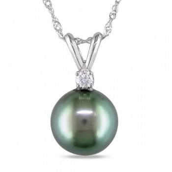 Solitaire Diamond & Tahitian Pearl Pendant Necklace 14k White Gold 8-9mm