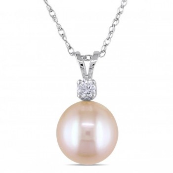 Pink Freshwater Pearl Solitaire Pendant Necklace 14k White Gold 9-9.5mm