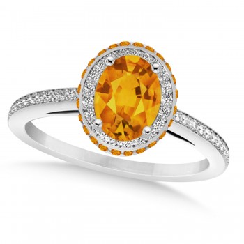 Oval Citrine & Diamond Halo Engagement Ring 14k White Gold (1.75ct)