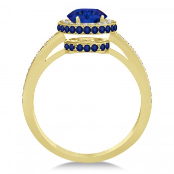 Oval Lab Blue Sapphire & Diamond Halo Engagement Ring 14k Yellow Gold 2.00ct