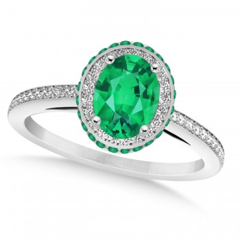 Oval Lab Emerald & Diamond Halo Engagement Ring 14k White Gold (1.76ct)
